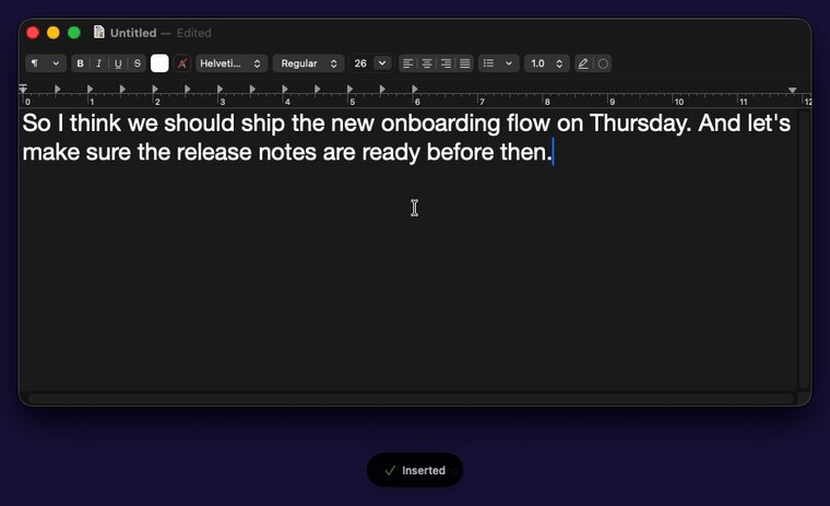 Local Dictation on macOS: a dictated sentence appears in a text editor with an Inserted confirmation below