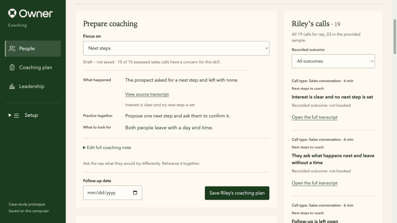 Sales coaching prototype showing a transcript-linked observation, a next-step practice, and the save-plan action using synthetic demo data